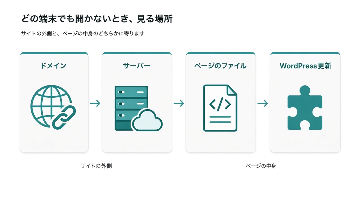 どの端末でも開かないときに見る4つの場所。ドメイン、サーバー、ページのファイル、WordPressの更新