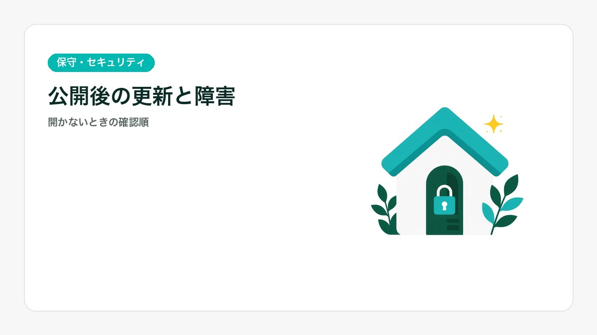 ブラウザとチェックリストのイラスト。公開後の更新と、ページが開かないときの確認を表すアイキャッチ