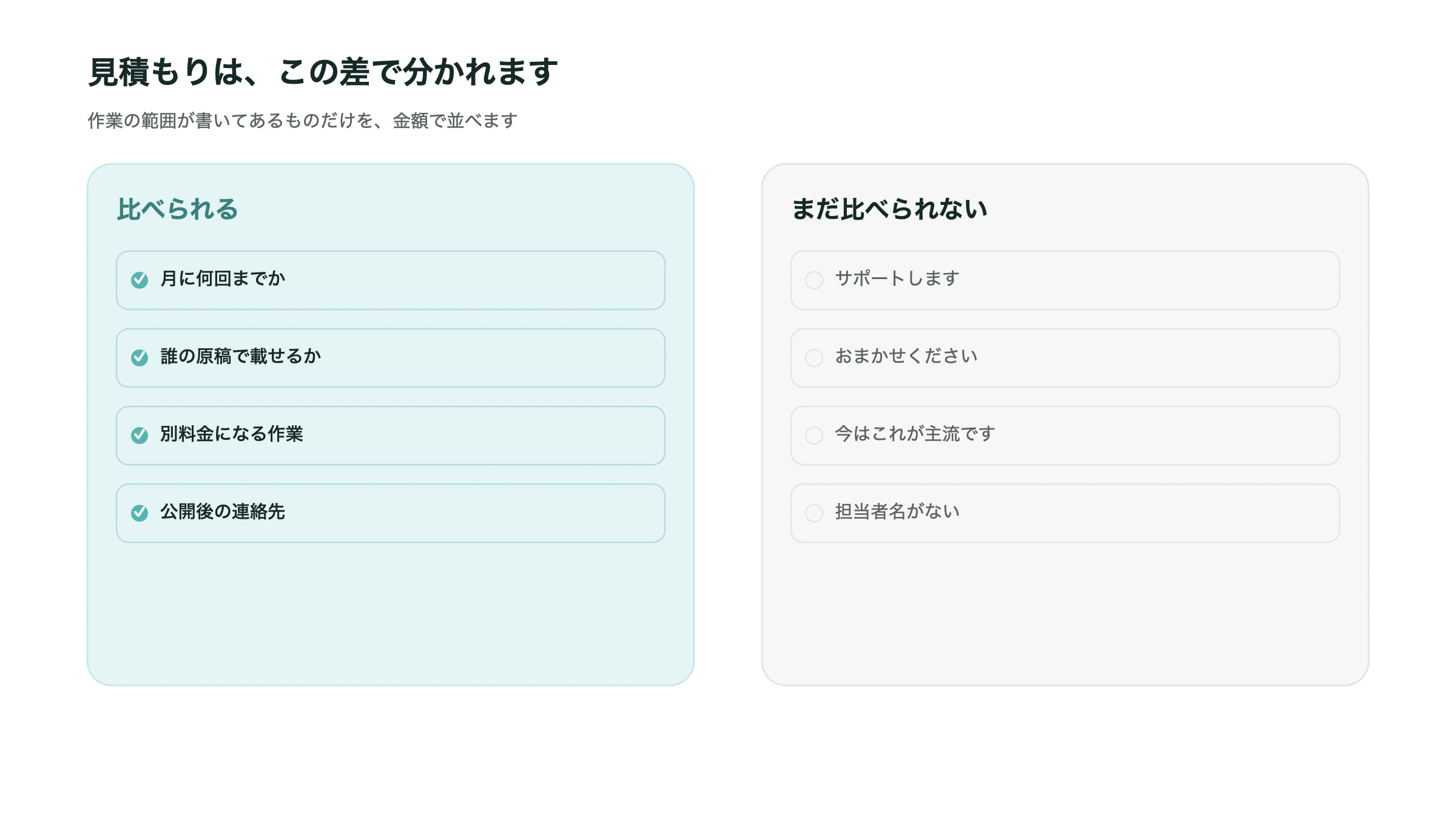比べられる見積もりと、まだ比べられない見積もりの違いを並べたイラスト
