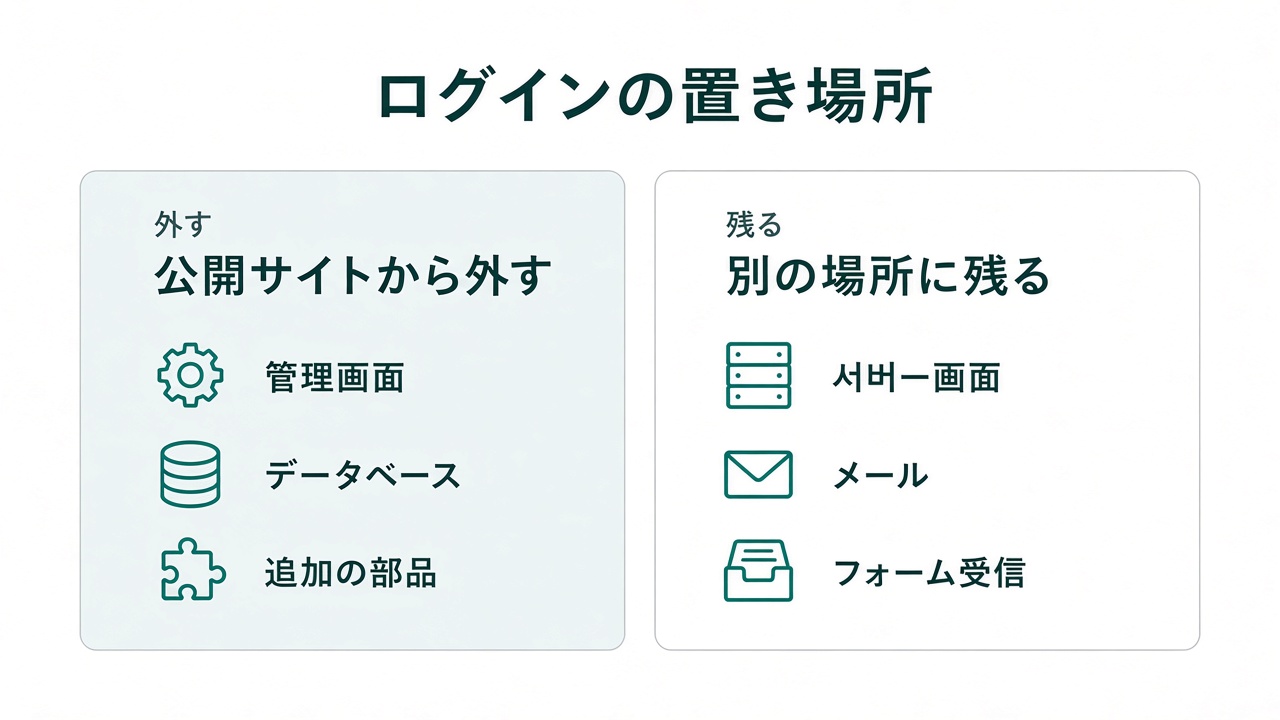 公開サイトから外す管理画面・データベース・追加部品と、別の場所に残るサーバー画面・メール・フォーム受信の比較