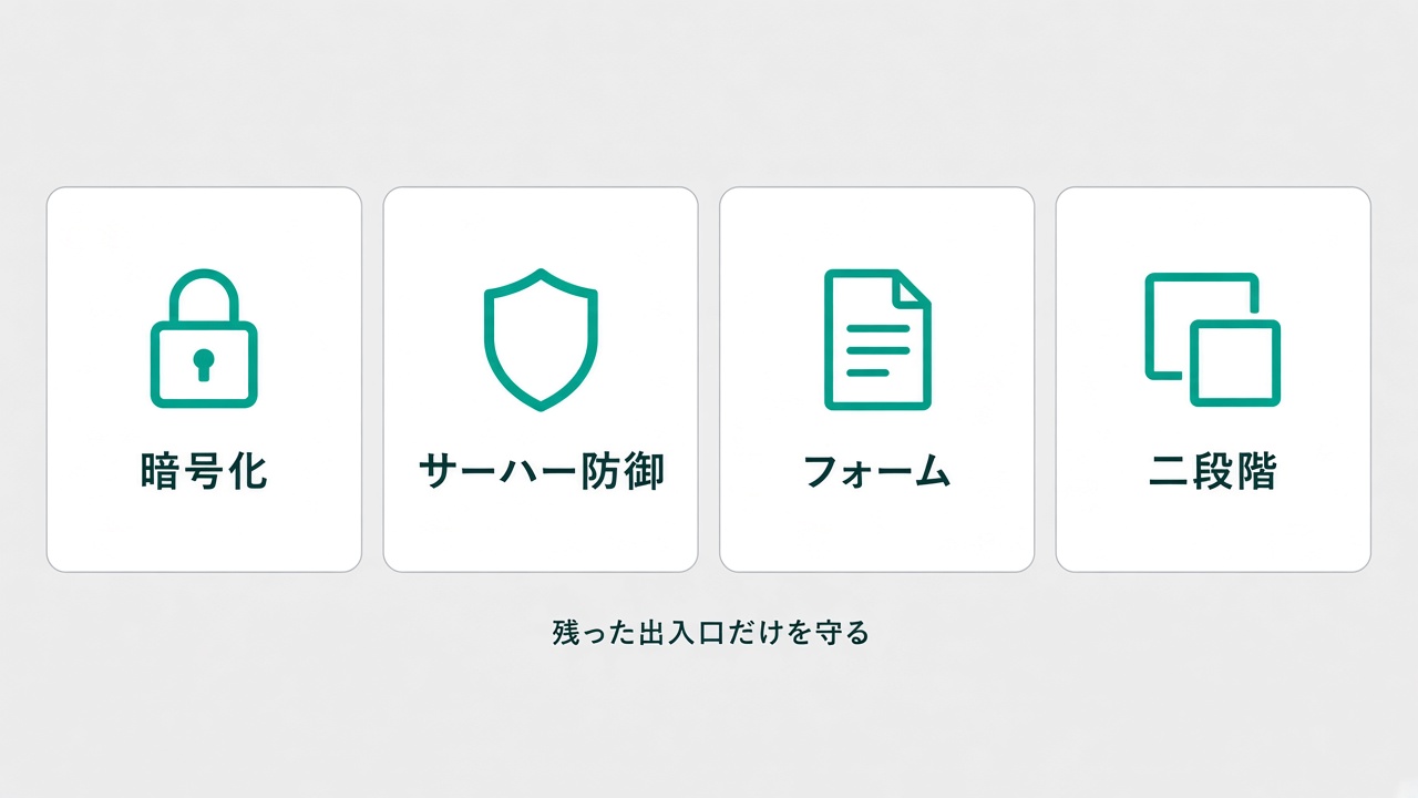 暗号化、サーバー防御、フォーム、二段階の4つの設定