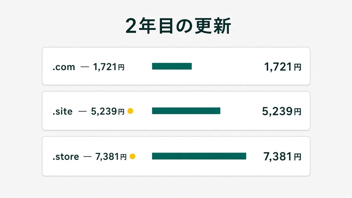 2年目の更新額。.comは1,721円、.siteは5,239円、.storeは7,381円
