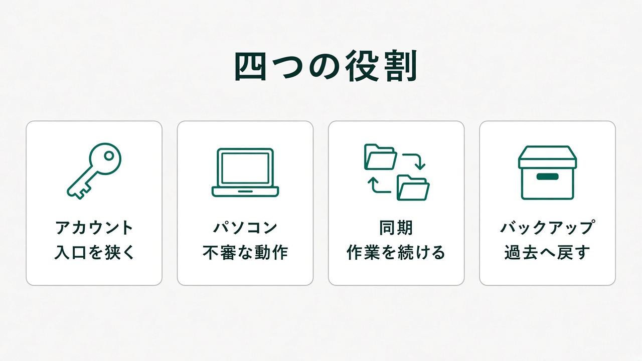 アカウント、パソコン、同期、バックアップの4つの役割